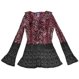 Y2K Whimsigoth Blouse Women's M Crinkle Pleat Ruffle Maroon Black Vintage Top